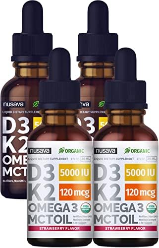  4 Pack  Vitamin D3 K2 Drops Unflavored & Strawberry Flavor Bundle   Maximum Strength Vitamin D Liquid 5000 IU with MCT Oil Omega 3   No Fillers  Non GMO Liquid D3 for Immune Support  2 Fl Oz Each