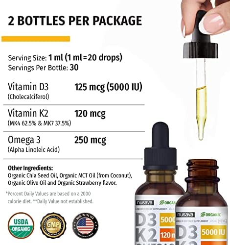  4 Pack  Vitamin D3 K2 Drops Unflavored & Strawberry Flavor Bundle   Maximum Strength Vitamin D Liquid 5000 IU with MCT Oil Omega 3   No Fillers  Non GMO Liquid D3 for Immune Support  2 Fl Oz Each