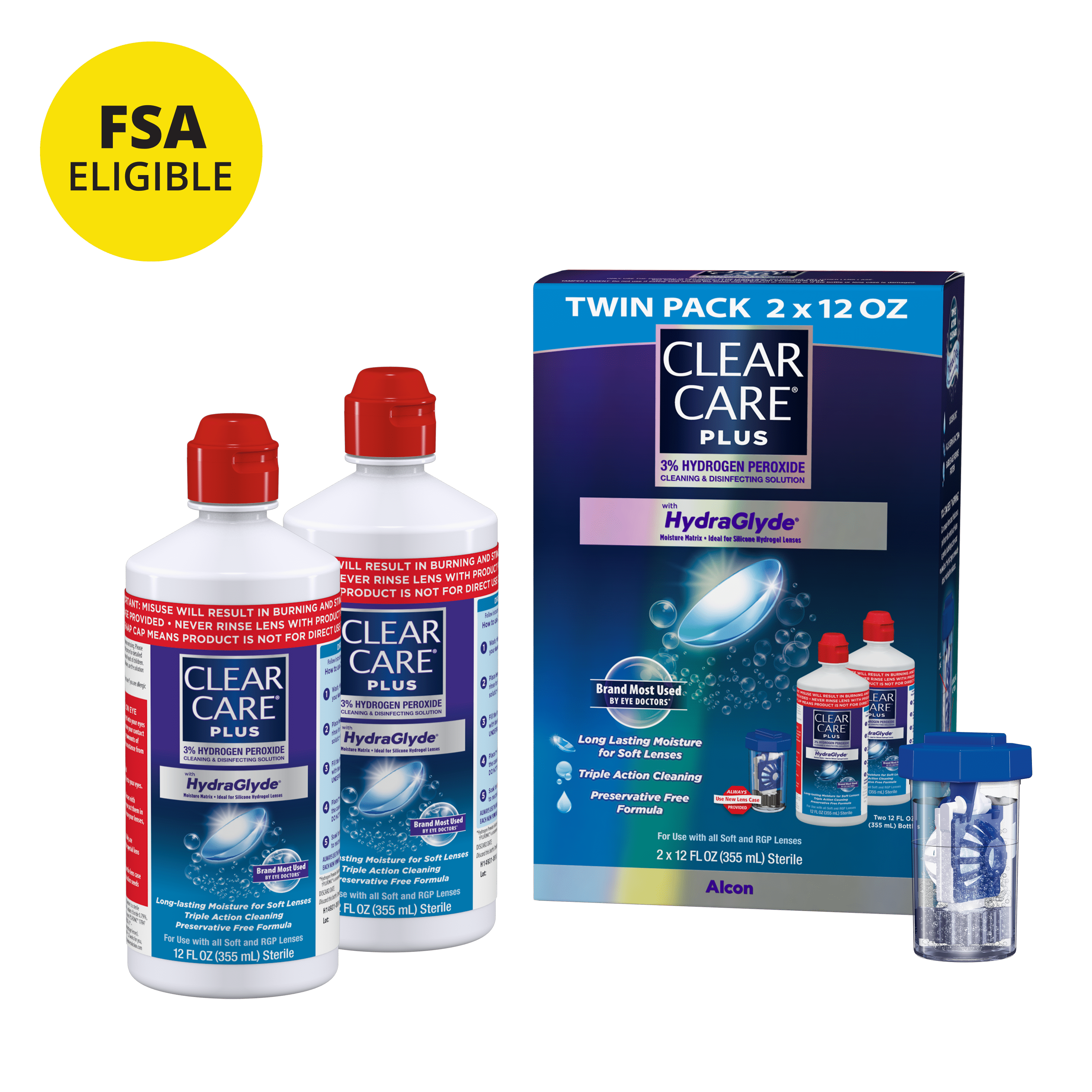 (Paquete de 4) Clear Care Plus Solución Líquida para Limpieza de Lentes de Contacto para Uso Diario, Dos de 12 oz por Paquete