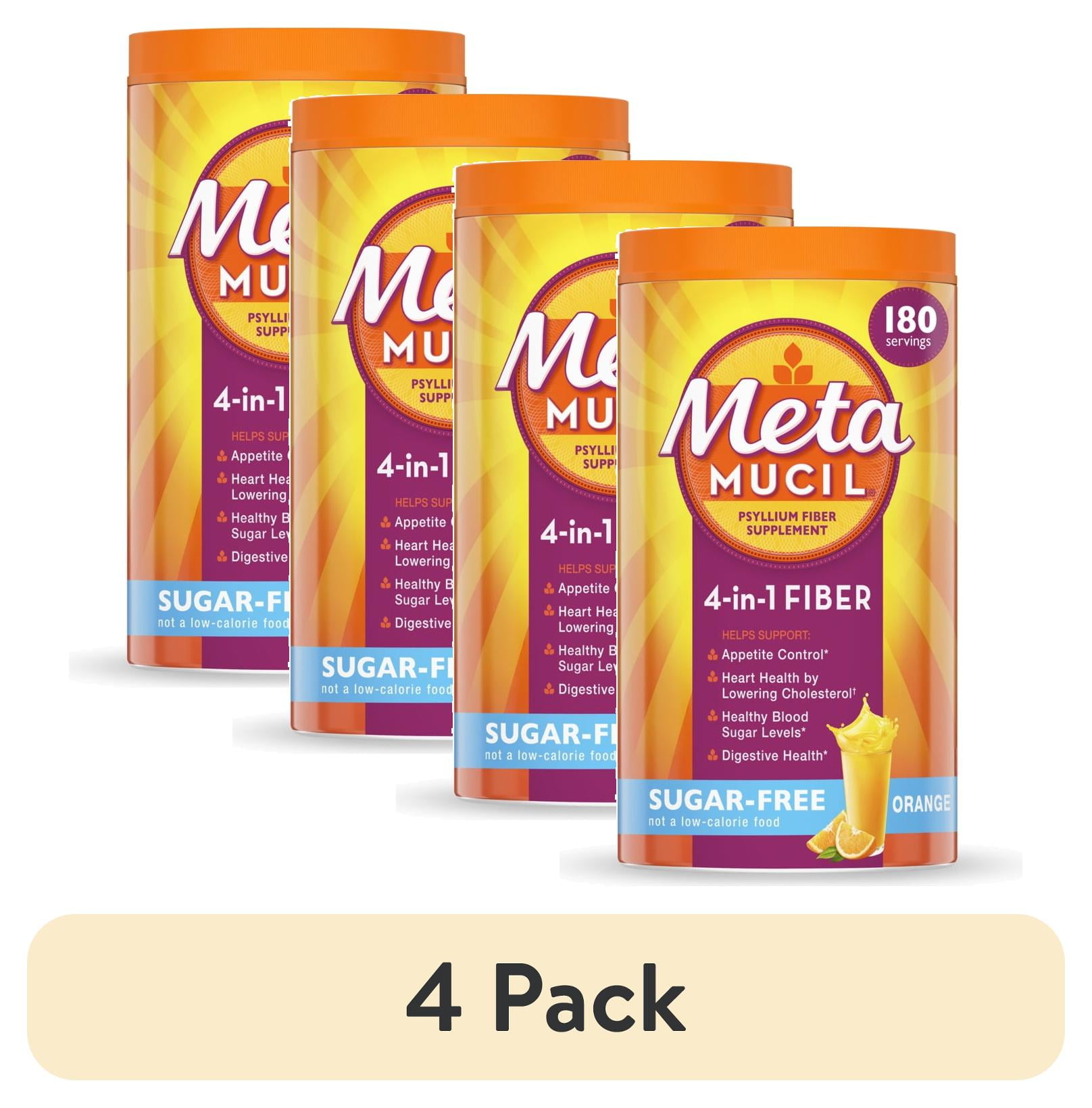 Paquete de 4  Suplemento de Fibra Metamucil  Fibra en Polvo sin Azúcar para la Salud Digestiva  Naranja  180 Porciones