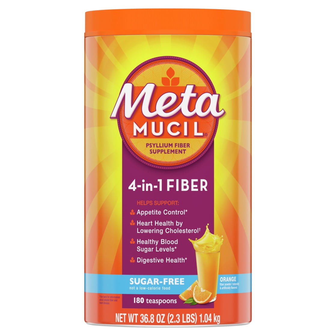 Paquete de 4  Suplemento de Fibra Metamucil  Fibra en Polvo sin Azúcar para la Salud Digestiva  Naranja  180 Porciones