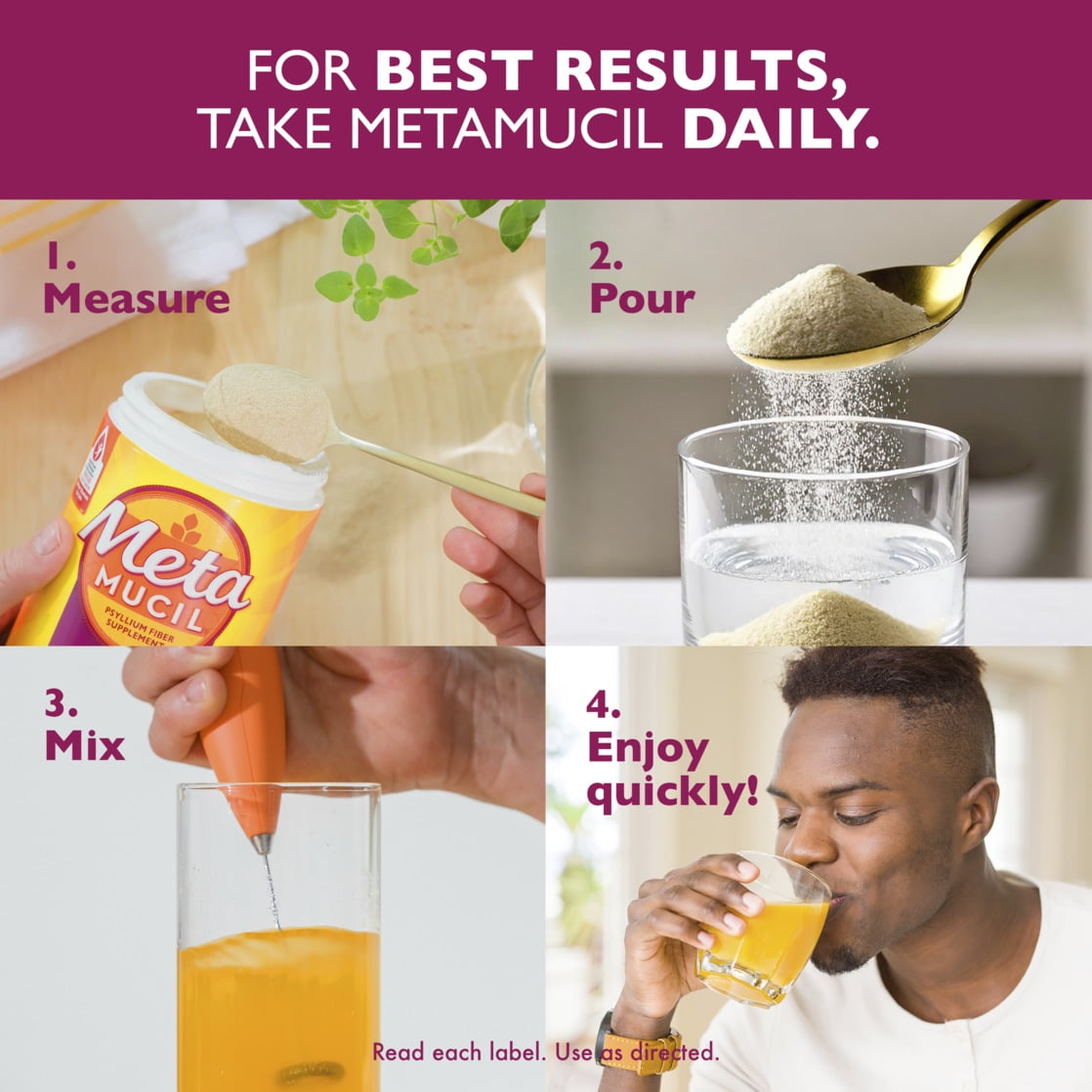 Paquete de 4  Suplemento de Fibra Metamucil  Fibra en Polvo sin Azúcar para la Salud Digestiva  Naranja  180 Porciones