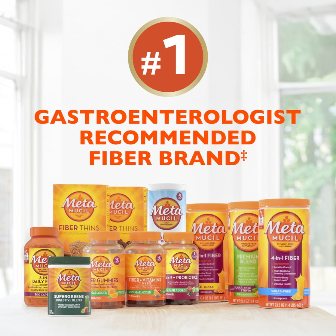 Paquete de 4  Suplemento de Fibra Metamucil  Fibra en Polvo sin Azúcar para la Salud Digestiva  Naranja  180 Porciones