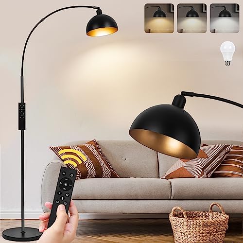  Upgraded Black Arc Floor Lamps for Living Room   Dimmable Arched Floor Lamp with Remote Control & 2700 6000K 9W LED Bulb Included  Modern Arch Standing lamp  Industrial Tall Lamp for Bedroom Reading