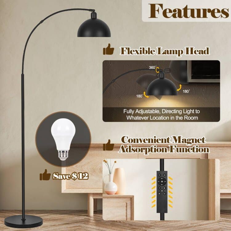  Upgraded Black Arc Floor Lamps for Living Room   Dimmable Arched Floor Lamp with Remote Control & 2700 6000K 9W LED Bulb Included  Modern Arch Standing lamp  Industrial Tall Lamp for Bedroom Reading