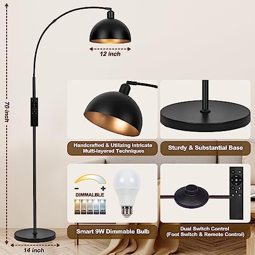  Upgraded Black Arc Floor Lamps for Living Room   Dimmable Arched Floor Lamp with Remote Control & 2700 6000K 9W LED Bulb Included  Modern Arch Standing lamp  Industrial Tall Lamp for Bedroom Reading