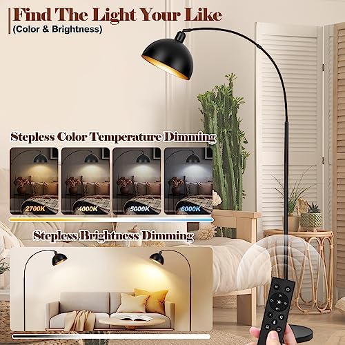  Upgraded Black Arc Floor Lamps for Living Room   Dimmable Arched Floor Lamp with Remote Control & 2700 6000K 9W LED Bulb Included  Modern Arch Standing lamp  Industrial Tall Lamp for Bedroom Reading