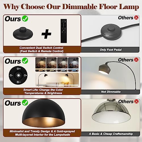  Upgraded Black Arc Floor Lamps for Living Room   Dimmable Arched Floor Lamp with Remote Control & 2700 6000K 9W LED Bulb Included  Modern Arch Standing lamp  Industrial Tall Lamp for Bedroom Reading
