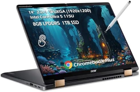 acer Chromebook Plus Spin 714 2 in 1 Laptop with Google AI   14 Full HD IPS Touch   Intel Core Ultra 5 115U   8GB LPDDR5 256GB SSD   Wi Fi6E Backlit KB Chrome OS Steel Gray   w/Stylus Pen  W/GaLiMu