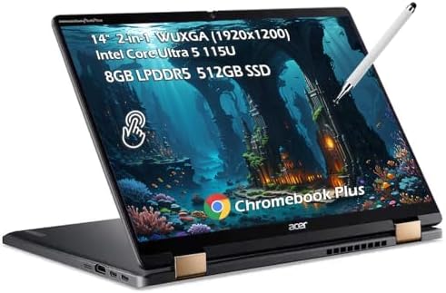 acer Chromebook Plus Spin 714 2 in 1 Laptop with Google AI   14 Full HD IPS Touch   Intel Core Ultra 5 115U   8GB LPDDR5 256GB SSD   Wi Fi6E Backlit KB Chrome OS Steel Gray   w/Stylus Pen  W/GaLiMu