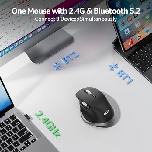 acer Ergonomic Mouse Wireless Rechargeable with Side Scroll  BT5 2 2 4GHz   Bluetooth Computer Mouse for Laptop  Medium to Large Sized Hands  Office USB Mice  8 Buttons  4800 DPI for PC  Desktop