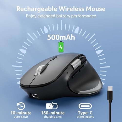 acer Ergonomic Mouse Wireless Rechargeable with Side Scroll  BT5 2 2 4GHz   Bluetooth Computer Mouse for Laptop  Medium to Large Sized Hands  Office USB Mice  8 Buttons  4800 DPI for PC  Desktop