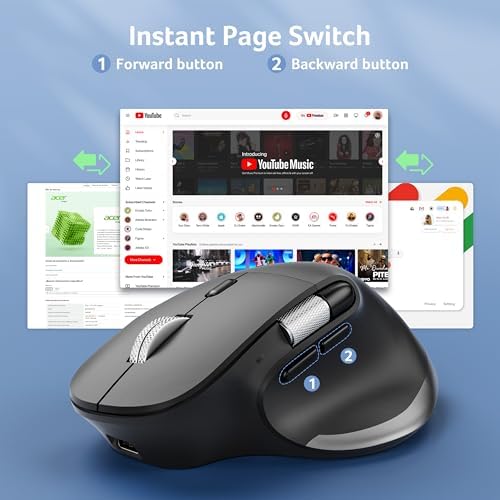 acer Ergonomic Mouse Wireless Rechargeable with Side Scroll  BT5 2 2 4GHz   Bluetooth Computer Mouse for Laptop  Medium to Large Sized Hands  Office USB Mice  8 Buttons  4800 DPI for PC  Desktop