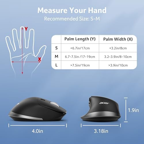 acer Ergonomic Mouse Wireless Rechargeable with Side Scroll  BT5 2 2 4GHz   Bluetooth Computer Mouse for Laptop  Medium to Large Sized Hands  Office USB Mice  8 Buttons  4800 DPI for PC  MacBook Neo