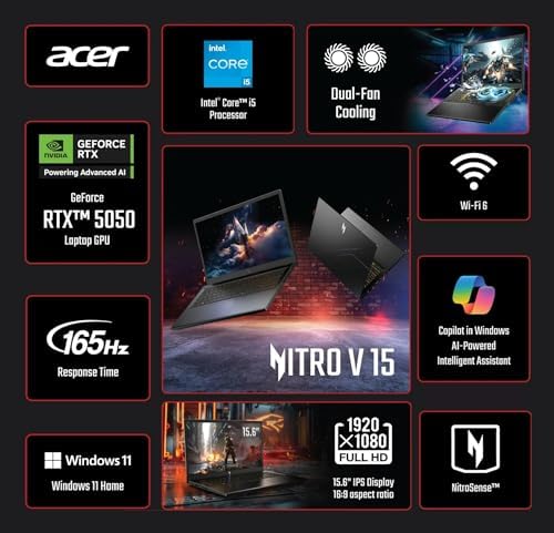 acer - Laptop Nitro V para juegos, FHD, IPS, 165Hz, 15.6 pulgadas, Intel Core i5-13420H, NVIDIA GeForce RTX 5050,8 GB, GDDR7, VRAM, Win11H, tapete para mouse (16 GB RAM, 512GB, PCIe, SSD)