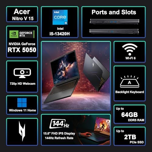 acer Nitro V 15 Gaming Laptop 15 6 FHD IPS 165Hz Intel 8 core i5 13420H 16GB RAM 512GB SSD GeForce RTX 5050 GDDR7 DLSS4  Up to 440 AI Tops  Backlit Thunderbolt WiFi6 Win11 ICP Hub