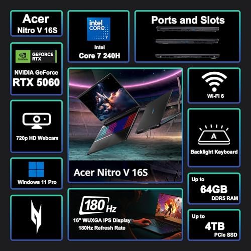 acer Nitro V 16S Gaming Laptop 16 WUXGA IPS 180Hz Intel 10 core Core 7 240H  Beats Ultra 7 268V  32GB RAM 1TB SSD GeForce RTX 5060 DLSS4 GDDR7  Up to 572 AI Tops  4 Zone RGB Backlit Win11Pro ICP Hub