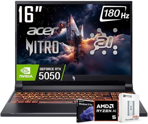 acer Nitro V 16 AI Gaming Laptop  16 WUXGA IPS180Hz Display  AMD Ryzen 5 240  NVIDIA GeForce RTX 5050 16GB DDR5  512GB Gen4 SSD  WiFi 6E  RGB Backlit KB  Win11 PRO  W/256GB PSD  Renewed