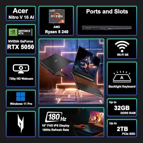 Acer Nitro V 16 AI portátil para juegos de 16" WUXGA IPS 180Hz AMD 6-core Ryzen 5 240 16GB DDR5 512GB SSD GeForce RTX 5050 (hasta 421 AI Tops) retroiluminado Wi-Fi 6E Type-C Win11 con ICP Hub