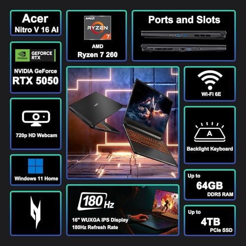 acer Nitro V 16 AI Gaming Laptop 16 WUXGA IPS 180Hz AMD Zen 4 Octa Core Ryzen 7 260 32GB RAM 1TB SSD GeForce RTX 5050  Up to 421 AI Tops  Backlit Win11 w/ICP Hub