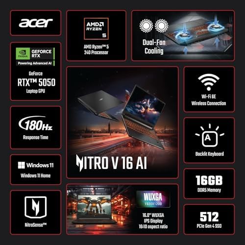 acer Nitro V 16 AI WUXGA (1920 x 1200) IPS 180Hz Gaming Laptop AI PC, procesador AMD Ryzen 5 240, NVIDIA GeForce RTX 5050 8GB GDDR7 VRAM, 16 GB de RAM, SSD de 512 GB, (16 pulgadas, R5, RTX5050)
