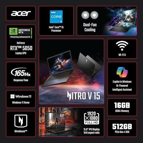 acer Nitro V Gaming Laptop  15 6 FHD IPS Display  165Hz  Intel i5 13420H  NVIDIA GeForce RTX 5050 with 8GB GDDR7 VRAM  16GB RAM  512GB SSD  BK  Win11H  Obsidian Black  TWE Accessories