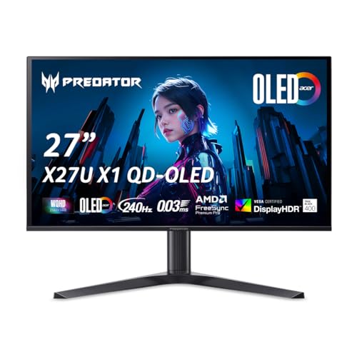 acer Predator Gaming Monitor   27 WQHD  2560 x 1440  OLED   AMD FreeSync Premium Pro   240Hz   0 03ms  G to G    VESA DisplayHDR True Black 400   Display Port 1 4 & 2 x HDMI 2 1   X27U X1bmiiphx