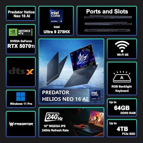 acer Predator Helios Neo 16 AI Gaming Laptop 16 2560x1600 IPS 240Hz  100  DCI P3  Intel 24 core Ultra 9 275HX 32GB RAM 1TB SSD GeForce RTX 5070 Ti  Up to 992 AI Tops  Win11Pro ICP Hub w/Copilot