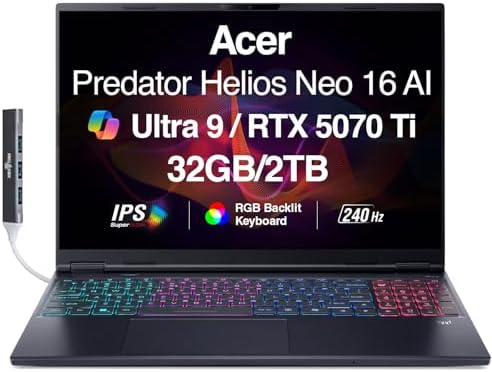 acer Predator Helios NEO 16 AI Gaming Laptop 16 2 5K QHD 240Hz Display  Intel Ultra 9 275HX  GeForce RTX 5070Ti 12GB  32GB DDR5  1TB SSD  RGB KB  Wi Fi 6E  Win 11 Home  w/DKZ USB Port Expander