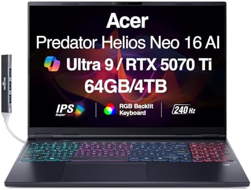 acer Predator Helios NEO 16 AI Gaming Laptop 16 2 5K QHD 240Hz Display  Intel Ultra 9 275HX  GeForce RTX 5070Ti 12GB  32GB DDR5  1TB SSD  RGB KB  Wi Fi 6E  Win 11 Home  w/DKZ USB Port Expander