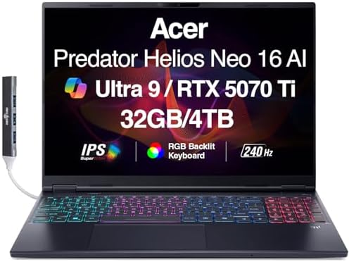 acer Predator Helios NEO 16 AI Gaming Laptop 16 2 5K QHD 240Hz Display  Intel Ultra 9 275HX  GeForce RTX 5070Ti 12GB  32GB DDR5  1TB SSD  RGB KB  Wi Fi 6E  Win 11 Home  w/DKZ USB Port Expander