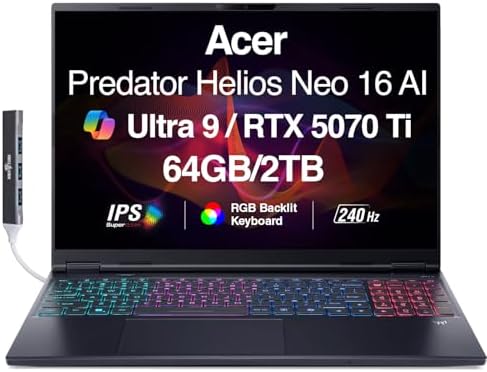 acer Predator Helios NEO 16 AI Gaming Laptop 16 2 5K QHD 240Hz Display  Intel Ultra 9 275HX  GeForce RTX 5070Ti 12GB  32GB DDR5  1TB SSD  RGB KB  Wi Fi 6E  Win 11 Home  w/DKZ USB Port Expander