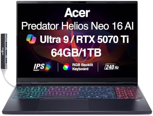 acer Predator Helios NEO 16 AI Gaming Laptop 16 2 5K QHD 240Hz Display  Intel Ultra 9 275HX  GeForce RTX 5070Ti 12GB  32GB DDR5  1TB SSD  RGB KB  Wi Fi 6E  Win 11 Home  w/DKZ USB Port Expander