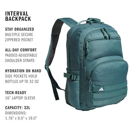 adidas Interval Backpack with Laptop Sleeve  Lightweight Durable Book Bag for Women and Men  Preloved Teal Green/Black  One Size
