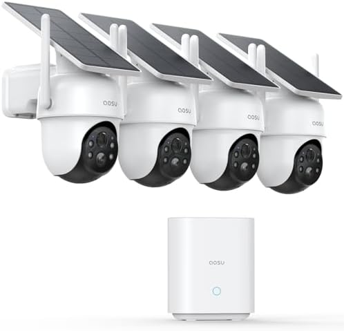 aosu Security Cameras Outdoor Wireless  4 Cam Kit  No Subscription Required  Solar Powered  Home Security Cameras System with 360  Pan & Tilt  Auto Tracking  2K Color Night Vision  Easy Setup