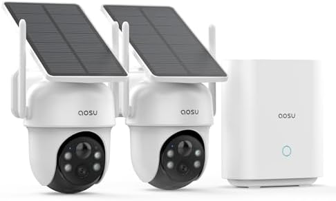 aosu Security Cameras Outdoor Wireless  4 Cam Kit  No Subscription Required  Solar Powered  Home Security Cameras System with 360  Pan & Tilt  Auto Tracking  2K Color Night Vision  Easy Setup