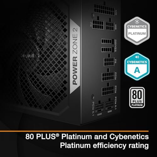 be quiet  Power Zone 1200W Power Supply  80 Plus  Platinum and Cybenetics Platinum  semi Passive Zero RPM Cooling  Pure Wings 3 140mm Fan  90  Angled 12V 2x6 Connector  PCIe 5 1/ATX 3 1 Compatibility