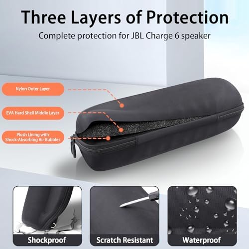 co2CREA Case for JBL Charge 6 Waterproof Portable Bluetooth Speaker  Hard Travel Case with Detachable Shoulder Strap  Black Case