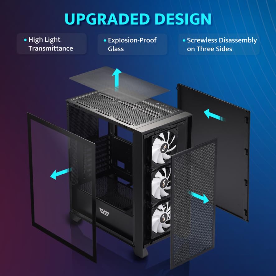 darkFlash ATX Mid Tower Gaming PC Case  Pre Installed 3x120mm Fix RGB Fans  with Removable Large Mesh Front Panel  USB3 0 Ready  Tempered Glass Side Panel Airflow Computer Case  Black DRX70