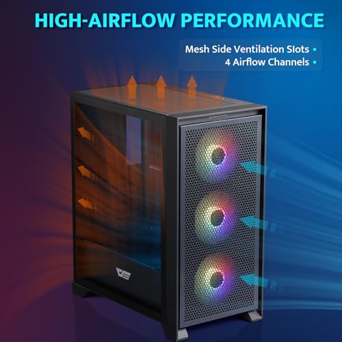 darkFlash ATX Mid Tower Gaming PC Case  Pre Installed 3x120mm Fix RGB Fans  with Removable Large Mesh Front Panel  USB3 0 Ready  Tempered Glass Side Panel Airflow Computer Case  Black DRX70