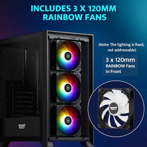 darkFlash ATX Mid Tower Gaming PC Case  Pre Installed 3x120mm Fix RGB Fans  with Removable Large Mesh Front Panel  USB3 0 Ready  Tempered Glass Side Panel Airflow Computer Case  Black DRX70