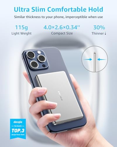 decqle  Air  Power Bank for MagSafe 5000mAh  Ultra Slim Magnetic Wireless Portable Battery Charger Case with USB C Cable  Compatible with iPhone 17/16/15/14/13/12 Series Only  Sliver 