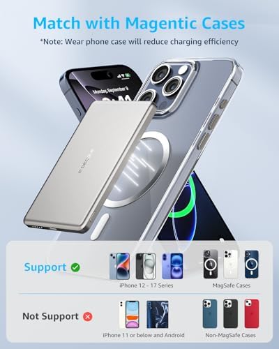 decqle  Air  Power Bank for MagSafe 5000mAh  Ultra Slim Magnetic Wireless Portable Battery Charger Case with USB C Cable  Compatible with iPhone 17/16/15/14/13/12 Series Only  Sliver 