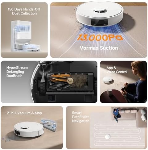 dreame D20 Plus Robot Vacuum and Mop  13 000Pa Suction  Self Emptying with 5L Dust Bag  DuoBrush for Pet Hair  LDS Mapping  App & Voice Control  Ideal for Hard Floors & Carpets  Black 