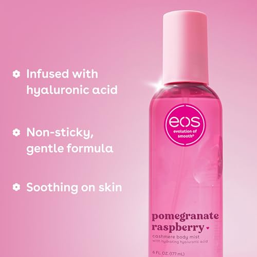 eos Cashmere Body Mist  Pomegranate Raspberry  Body Spray for Women  Hair Mist  Fruity  Moisturizing  Hyaluronic Acid  Glycerin  Vegan  Cruelty free  6 fl oz