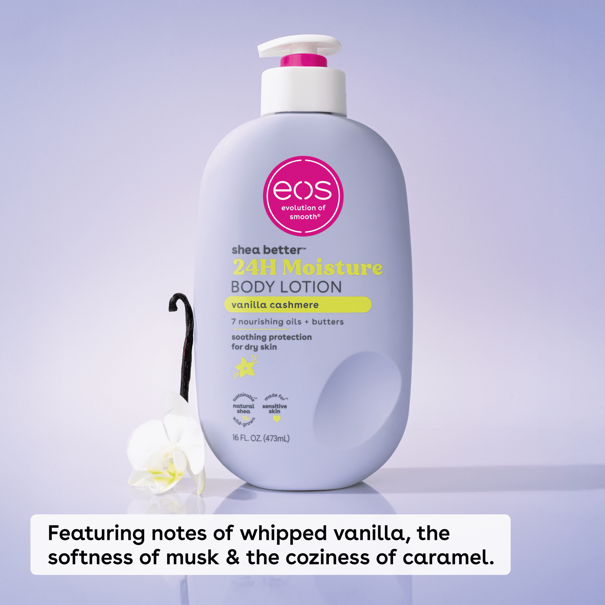 eos Shea Better Loción Corporal Hidratante 24H, Vainilla Cashmere, para Piel Seca, 16 fl oz
