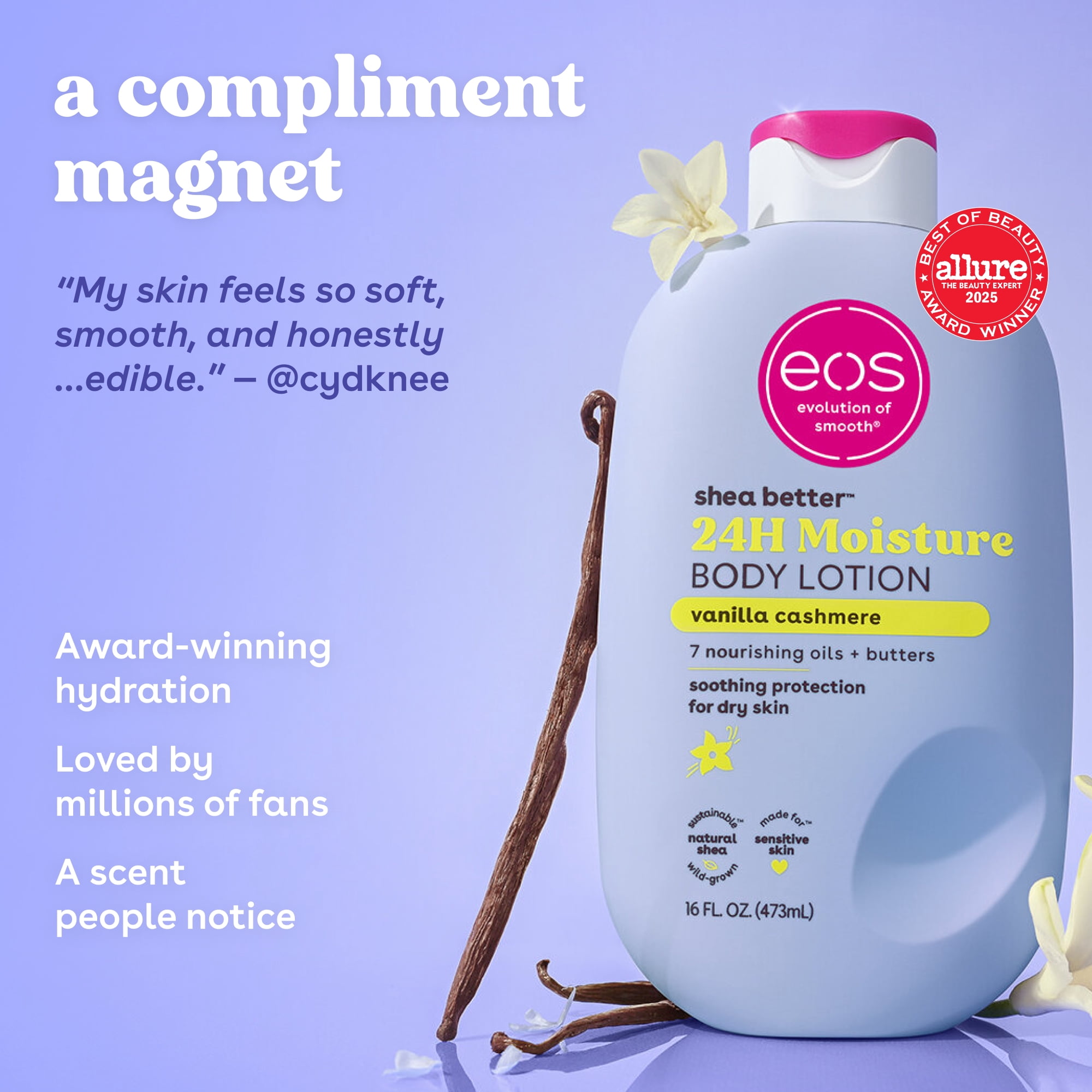 eos Shea Better 24H Moisture Body Lotion  Vanilla Cashmere  for Dry Skin  16 fl oz