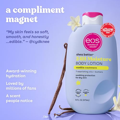 eos Shea Better Body Lotion Vanilla Cashmere  24 Hour Moisture Skin Care  Lightweight & Non Greasy  Natural Shea  Vegan  Vanilla Body Lotion  16 fl oz