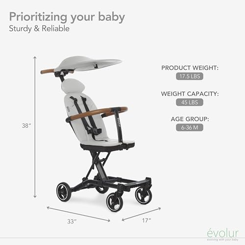 evolur Cruise Rider Stroller with Canopy  Lightweight Umbrella Stroller with Compact Fold  Easy to Carry Travel Stroller   Koala Gray