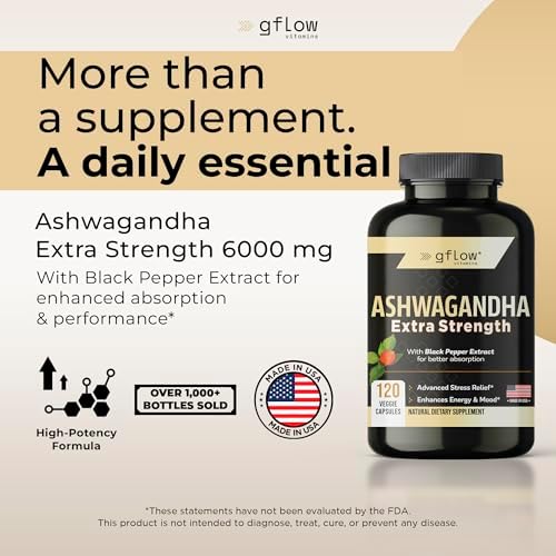 gflow vitamins Suplementos de Ashwagandha para mujeres y hombres 6000mg | Apoyo para el sueño, el estado de ánimo y la energía | Fuerza extra, amigable con veganos, sin OMG, fabricado en EE. UU